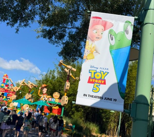 Toy Story 5 banners at Toy Story Land Disney's Hollywood Studios closer Jessie and Lily