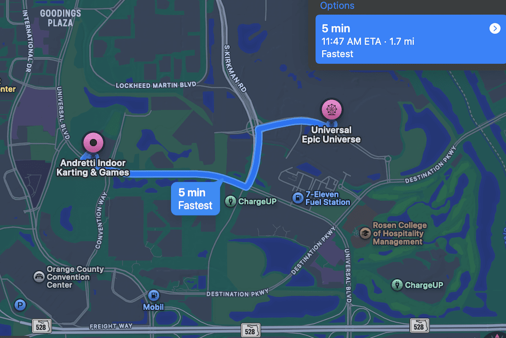 Map for reference of distance between project and Epic Universe