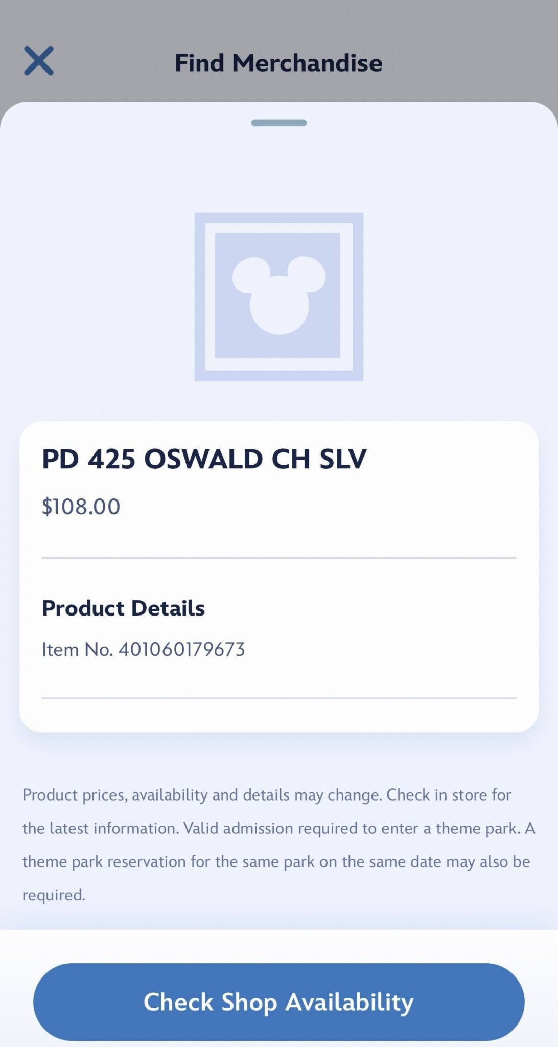 Screenshot of World of Disney merchandise in app testing vague item