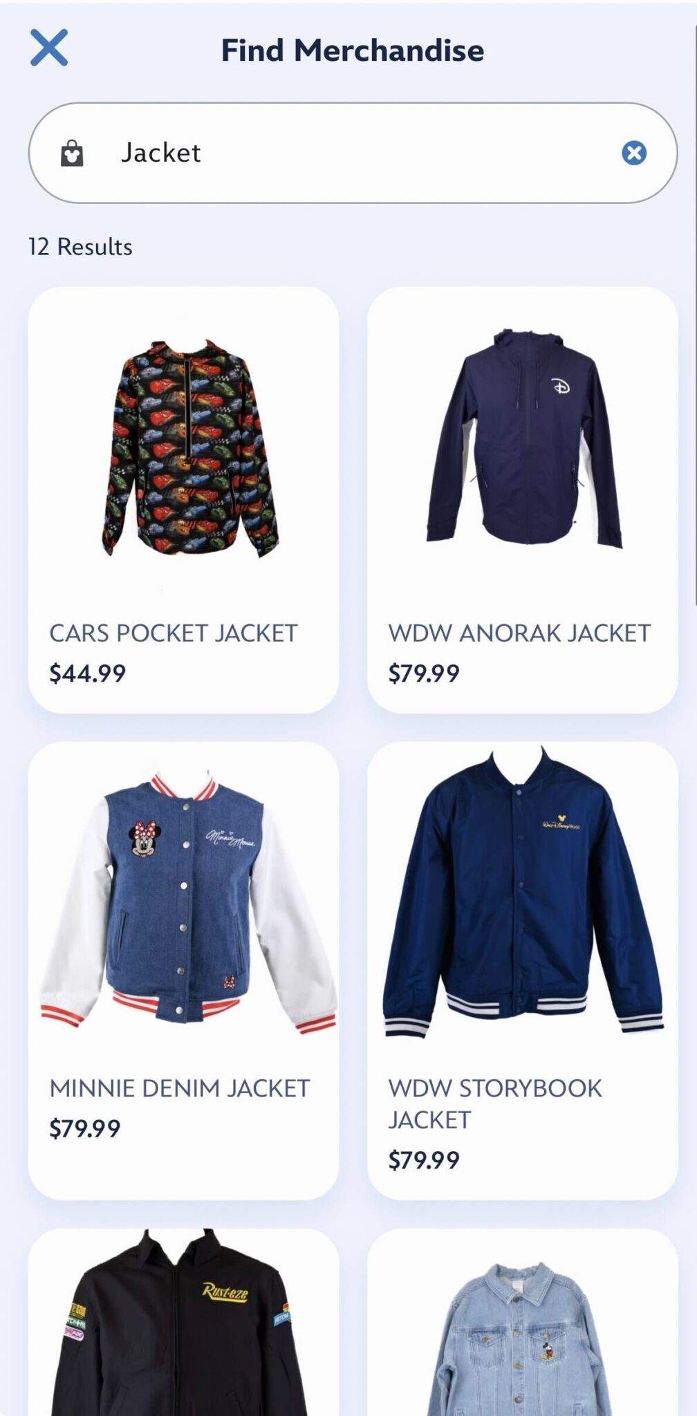 Screenshot of World of Disney merchandise in app testing jackets