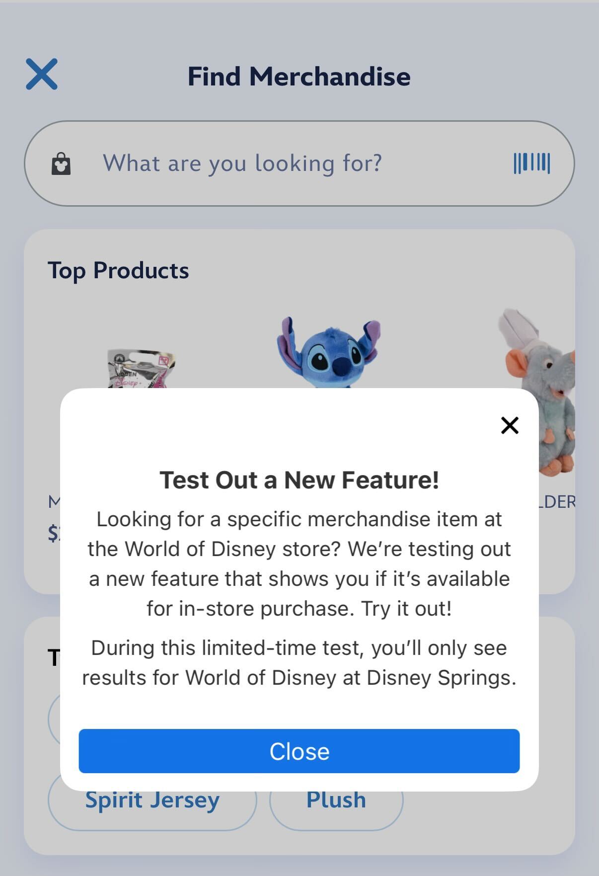 Screenshot of World of Disney merchandise in app testing welcome message