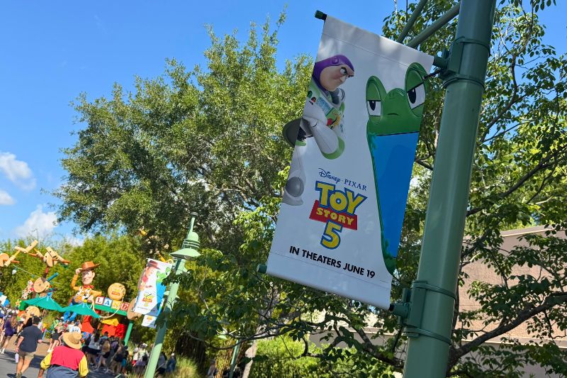 Toy Story 5 banners at Toy Story Land Disney's Hollywood Studios closer Buzz and Lily