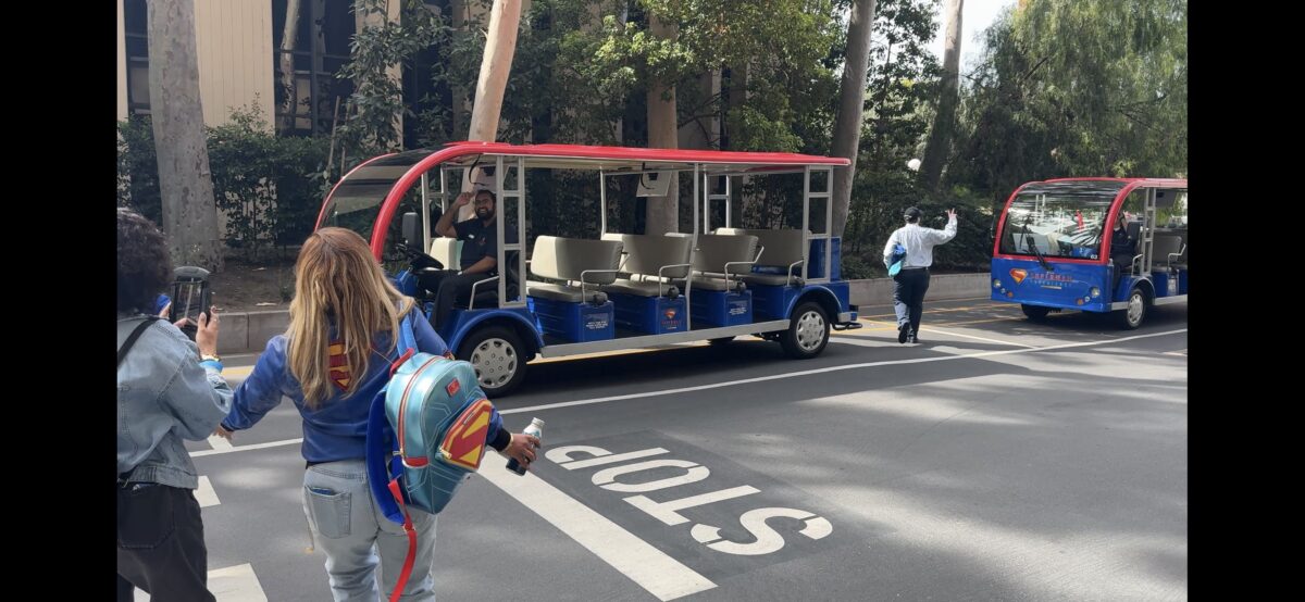 guests make their way to Super-Tram at start of 'Superman Experience: Defenders Unite'