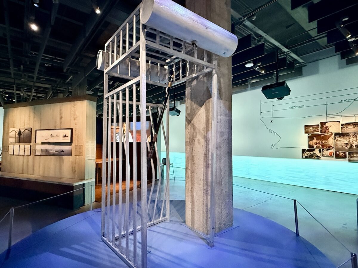 bent shark cage prop at Academy Museum Jaws Exhibit