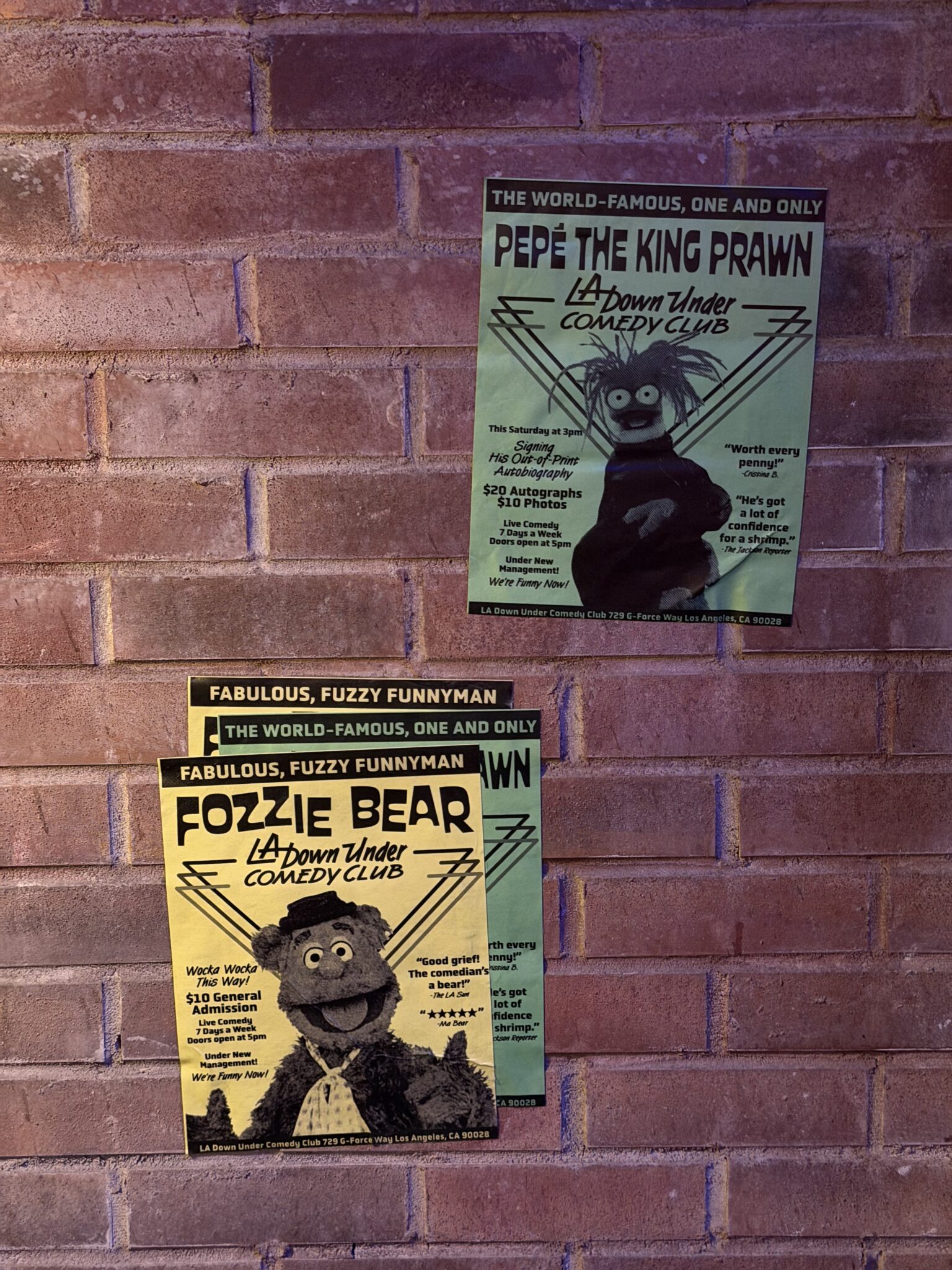 Flyers for Fozzie Bear at the LA Down Under Comedy Club