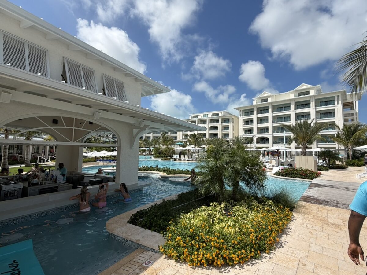 The pool area with a swim-up bar at the new Treasure Island Village at Beaches Turks and Caicos.