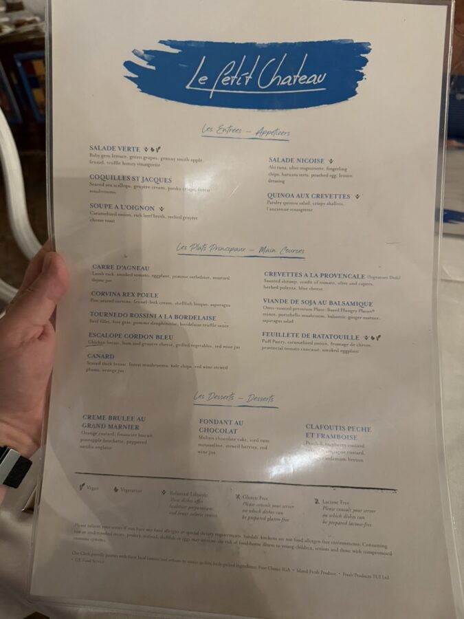 The menu for Le Petit Chateau Restaurant. 