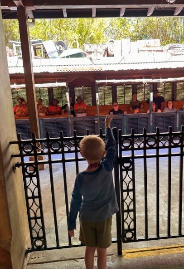 Bluey's Wild World Animal Kingdom boy waits on platform for Wildlife Express train - photo by Dani Meyering
