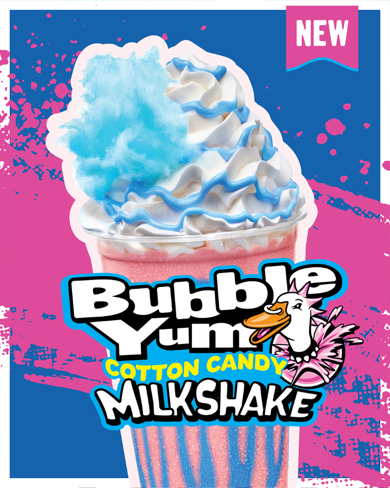 A promotional graphic for a BubbleYum Cotton Candy Milkshake, featuring a pink and blue swirled milkshake topped with whipped cream and blue cotton candy.