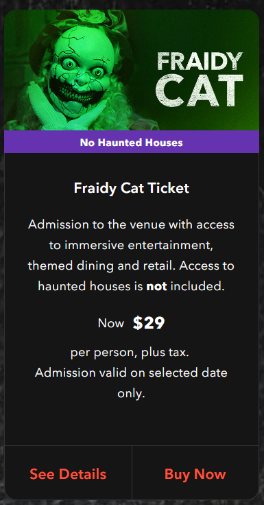 screenshot from website showing the details of fraidy cat ticket