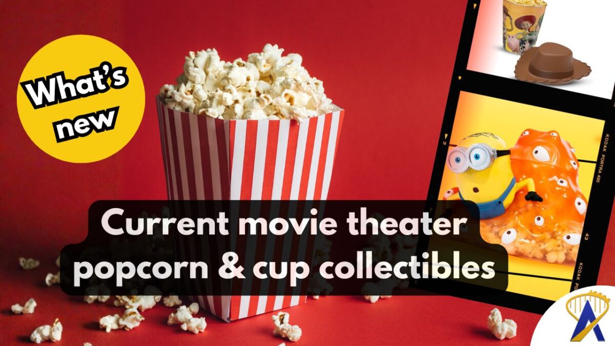 May 2026 summer movie theater popcorn buckets in a film strip frame