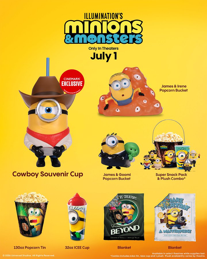 An image displaying a collection of promotional Minions & Monsters merchandise available at Cinemark theatres for the movie "Illumination's Minions & Monsters," releasing only in theaters on July 1.