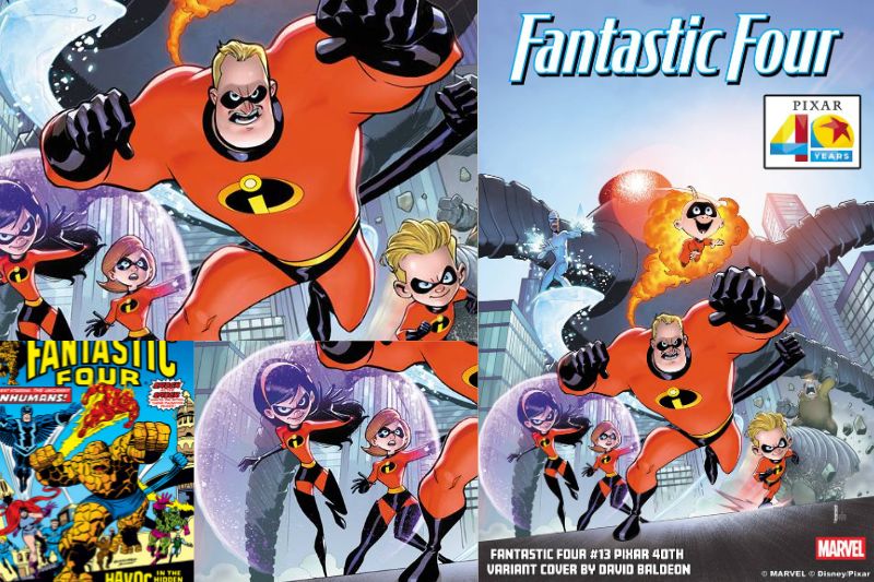 collage image of Comparison of The Incredibles cover and the original Fantastic Four cover.