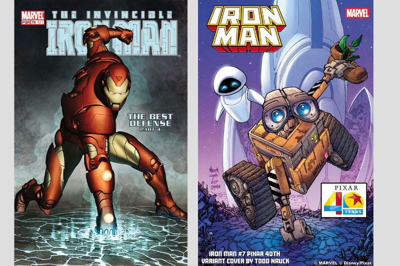 Side by side comparison of original Iron man cover with WALL-E and EVE as the variant cover