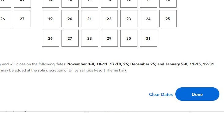 screenshot Seasonal closure information on Universal Kids website
