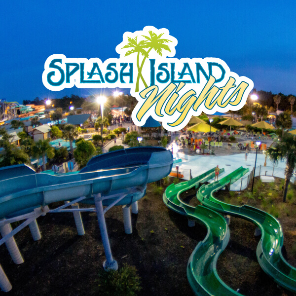 An illuminated overhead view of the waterpark at dusk, highlighting a great Wild Adventures summer deal