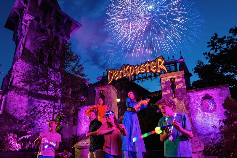 fireworks overhead as guests dance at Summer of Wonder at Busch Gardens Williamsburg