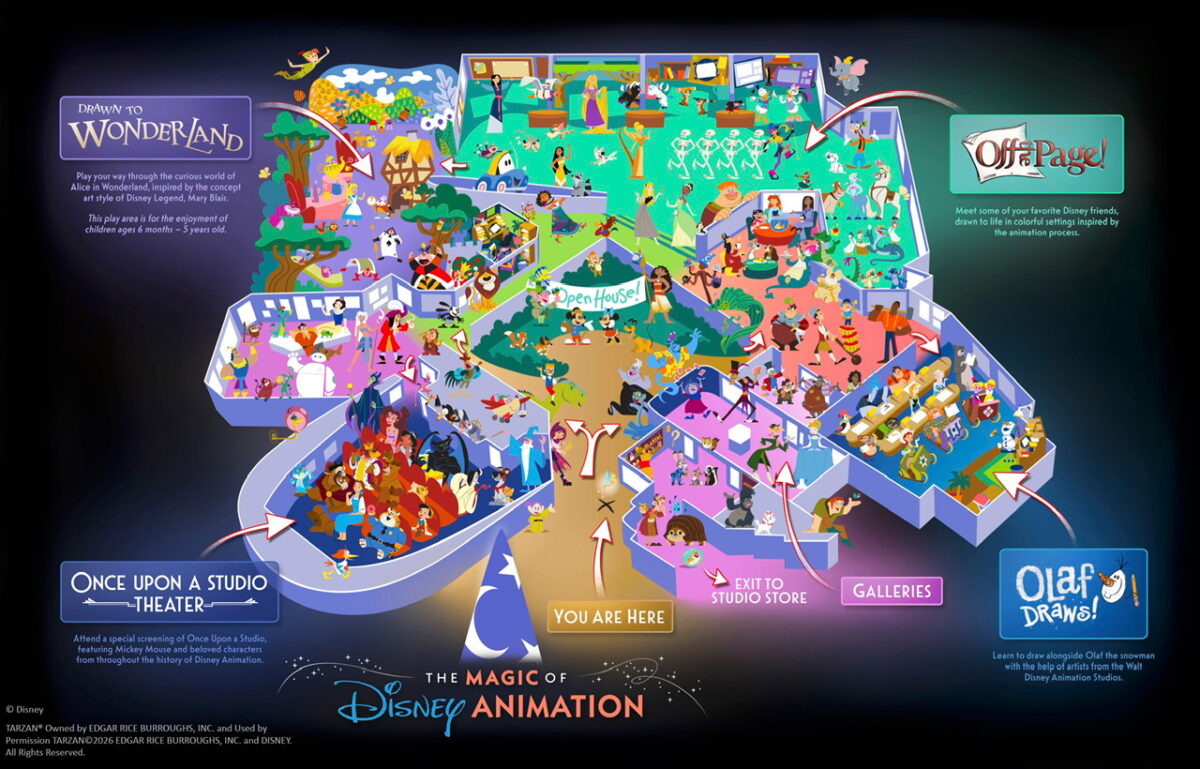 colorful map of magic of disney animation filled with characters