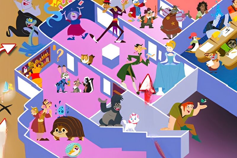 a collection of animated disney characters on a map near the exit