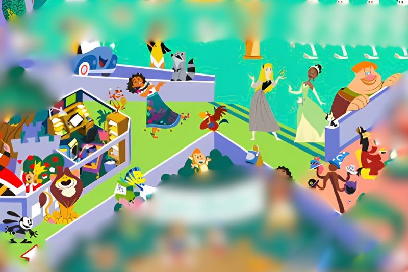 collection of Disney characters in green section section of map