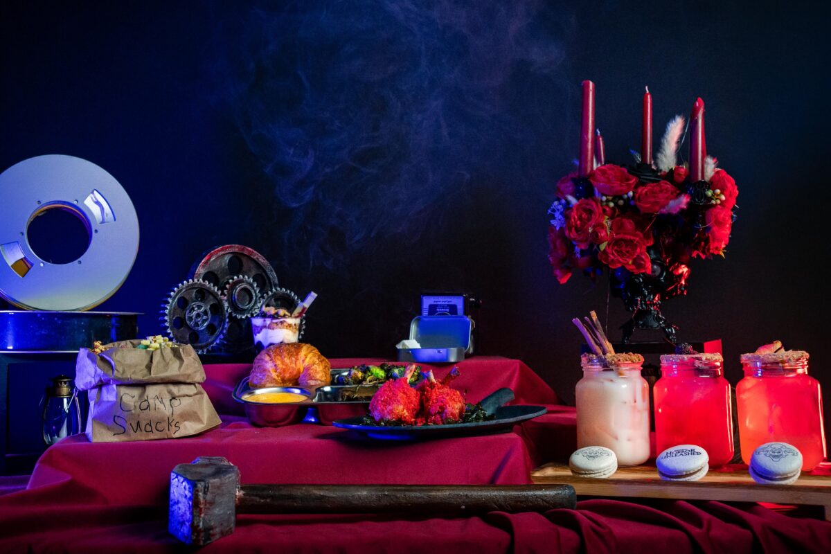 drinks and themed food on a display for Universal Horror Unleashed.
