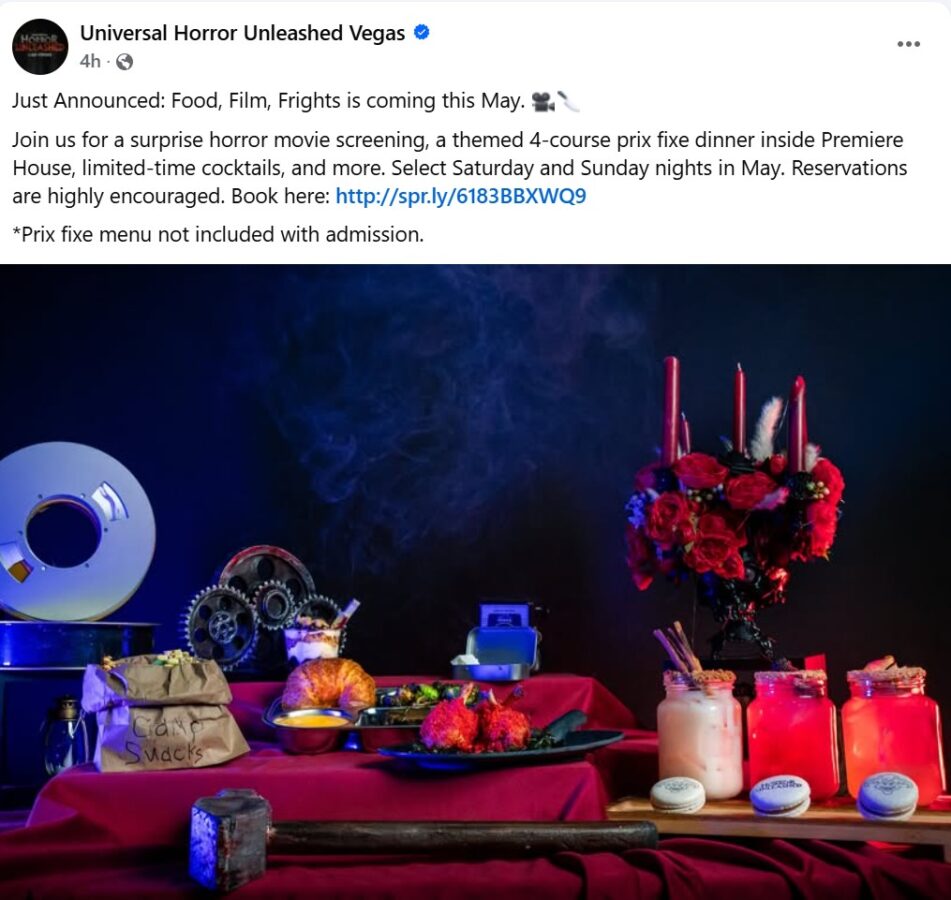 screenshot of Universal Horror Unleashed Vegas Food Film Frights event announcement on Facebook