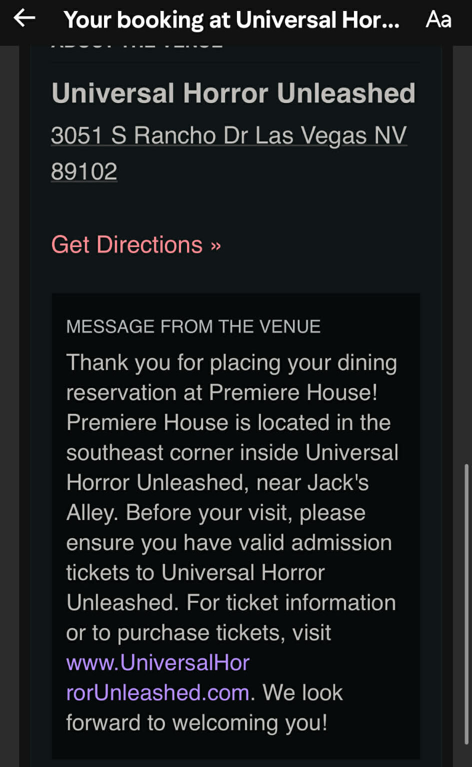 screenshot of horror unleased dining reservation