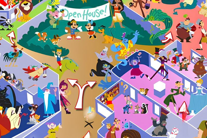 collection of Disney characters in entrance section section of map