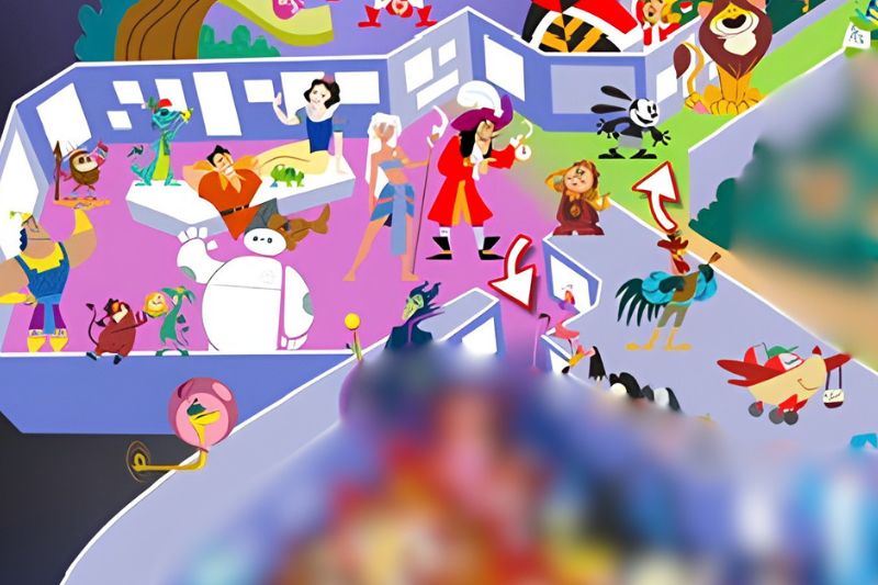 collection of Disney characters in pink section section of map