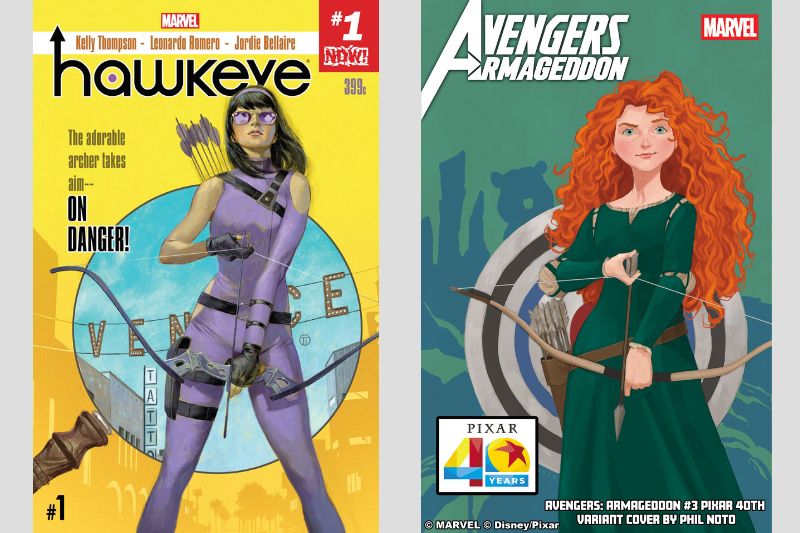 Side by side comparison of original Hawkeye cover with Merida as the variant cover