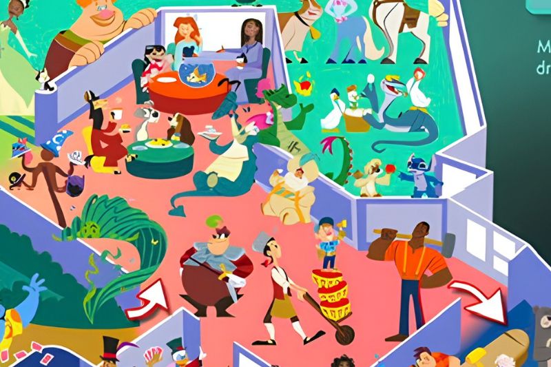 collection of Disney characters in middle section of map