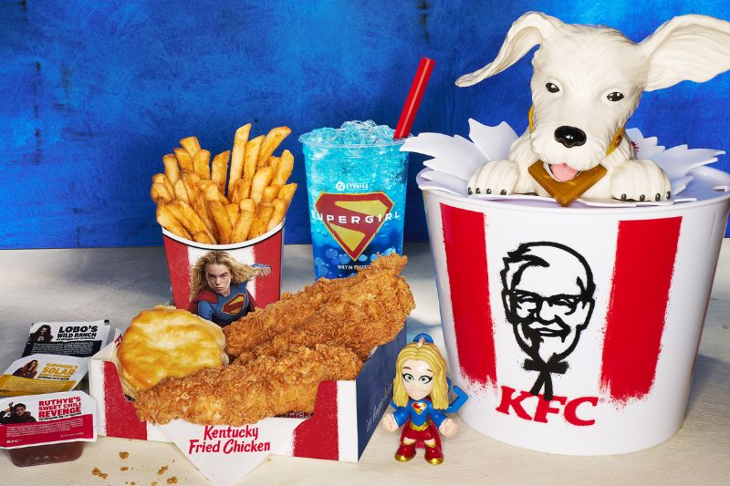 KFC Supergirl Ultimate Meal with chicken fries specialty blue drink and souvenir Krypto bucket