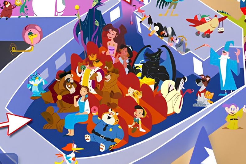 collection of Disney characters in theater section section of map