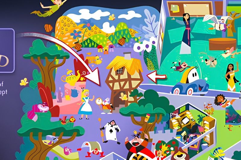 collection of Disney characters in wonderland section of map