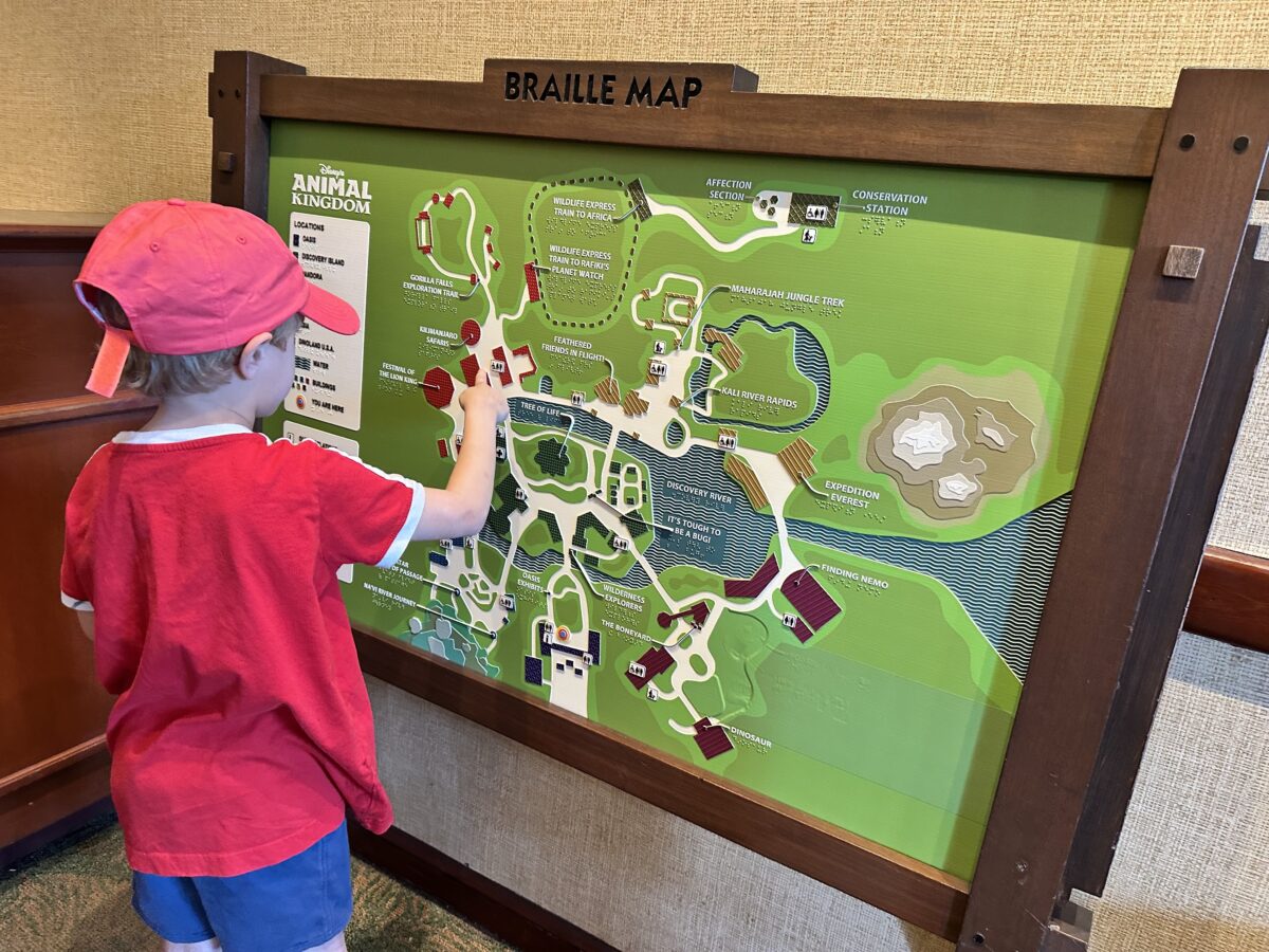 young boy looks at Braille Map of Disney's Animal Kingdom 