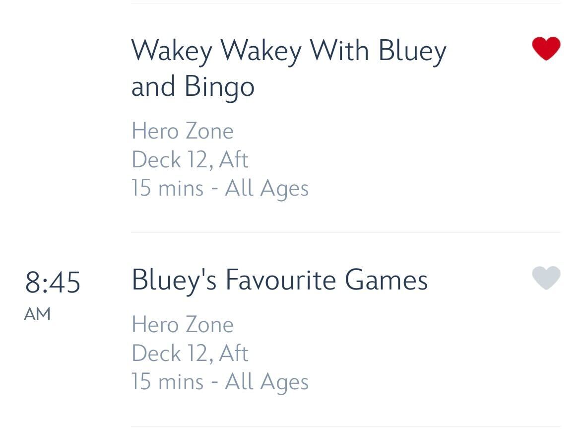 Disney Cruise Line navigator app Bluey activity - screenshot