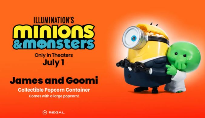 James and Goomi popcorn container mosnters & minions graphic