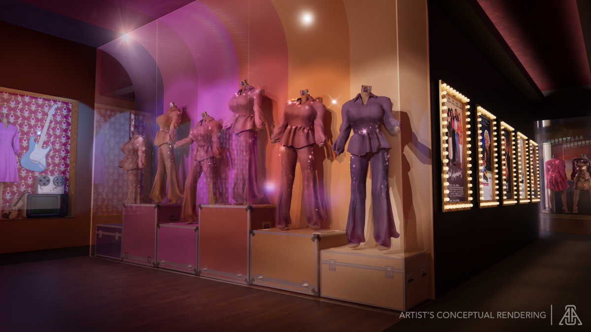 Concept Art of a Display of Dolly's costumes from Dolly’s Life of Many Colors Museum
