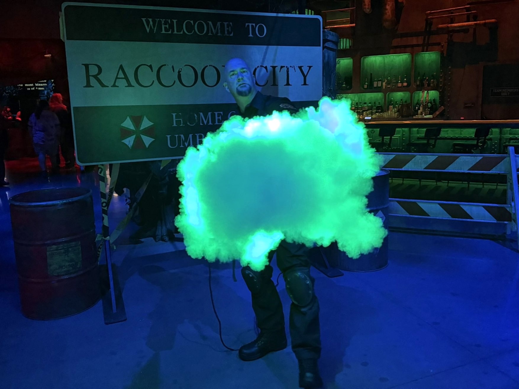 Resident Evil Universal Horror Unleashed Las Vegas RPD performer with green cloud