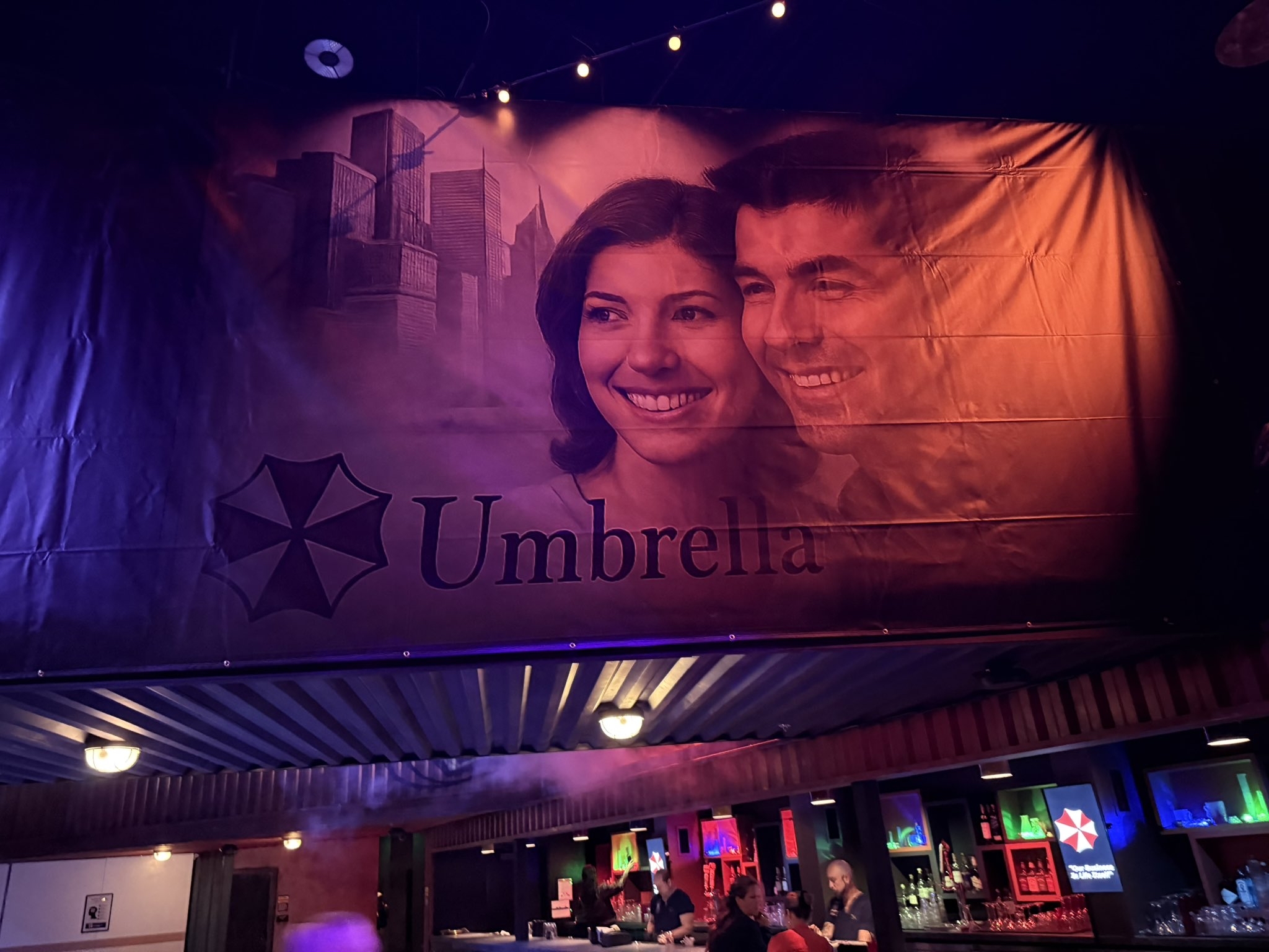 Resident Evil Universal Horror Unleashed Las Vegas umbrella corp banner near bar