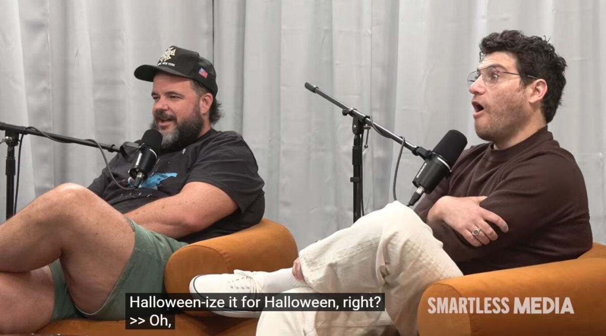 Screenshot of Staying Alive podcast host Adam Pally reaction to Simpsons Halloween news