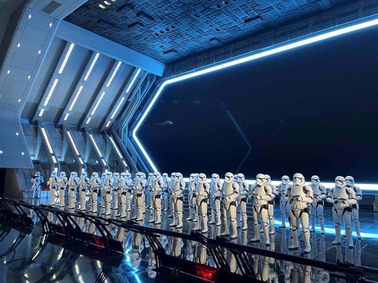 stormtroopers lined up inside Star Wars: Galaxy's Edge Rise of the Resistance
