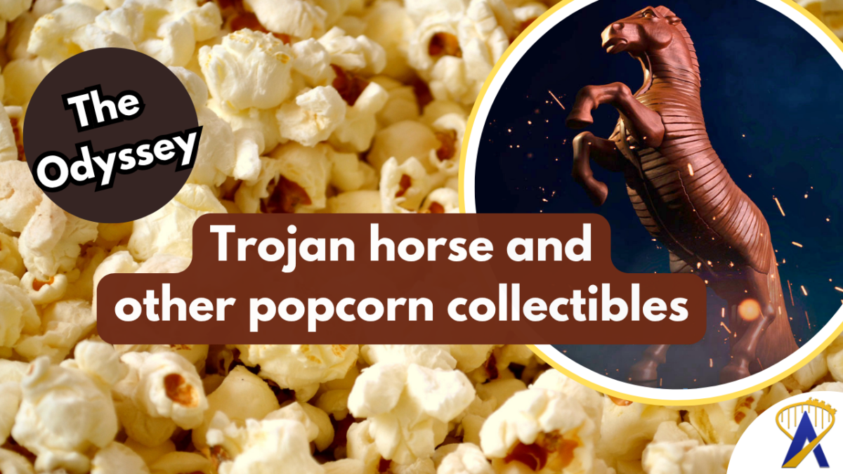 graphic with popcorn and trojan horse popcorn bucket collectible