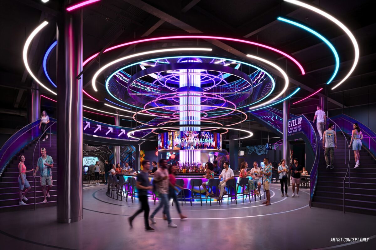 concept art for bar inside level99a t disney springs with purple blue and pink colors