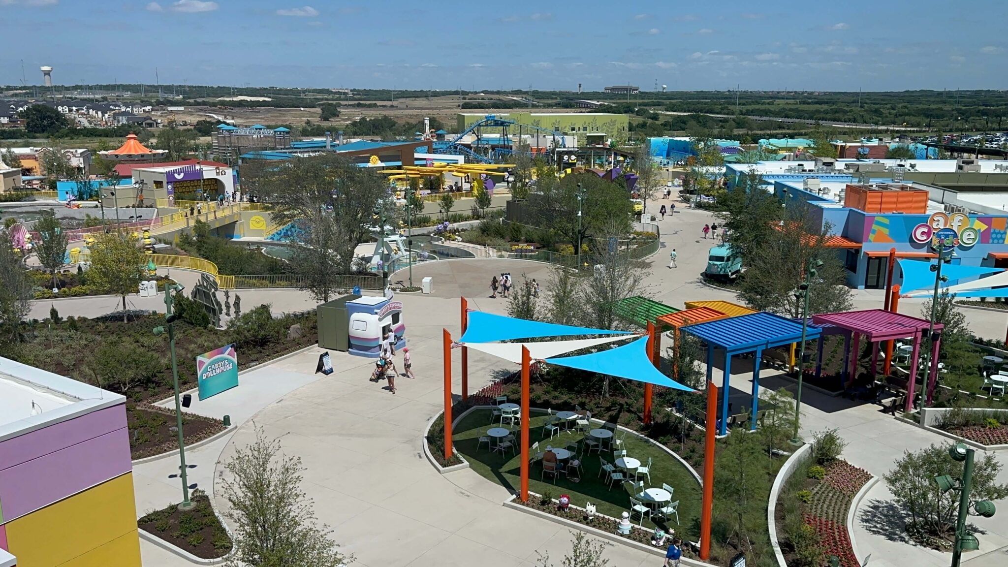 Universal Kids Resort Theme Park overhead view of park near entrance from hotel room