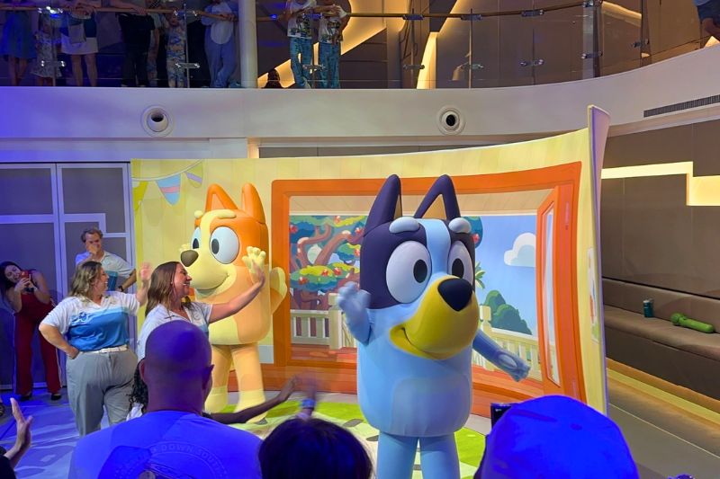 Bluey and Bingo exit the Pyjama Party Disney Wish