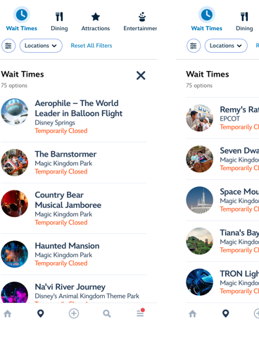 multiple screenshots of ride closures at walt disney world in app