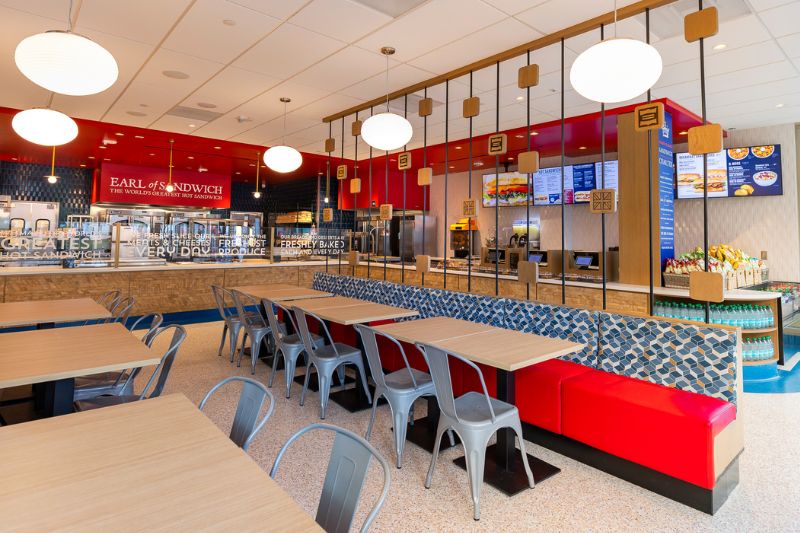 Dining room of the new Earl of Sandwich in Downtown Disney.
