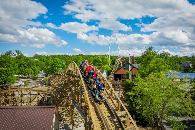 wooden roller coaster and other attractions at Great Escape amusement park