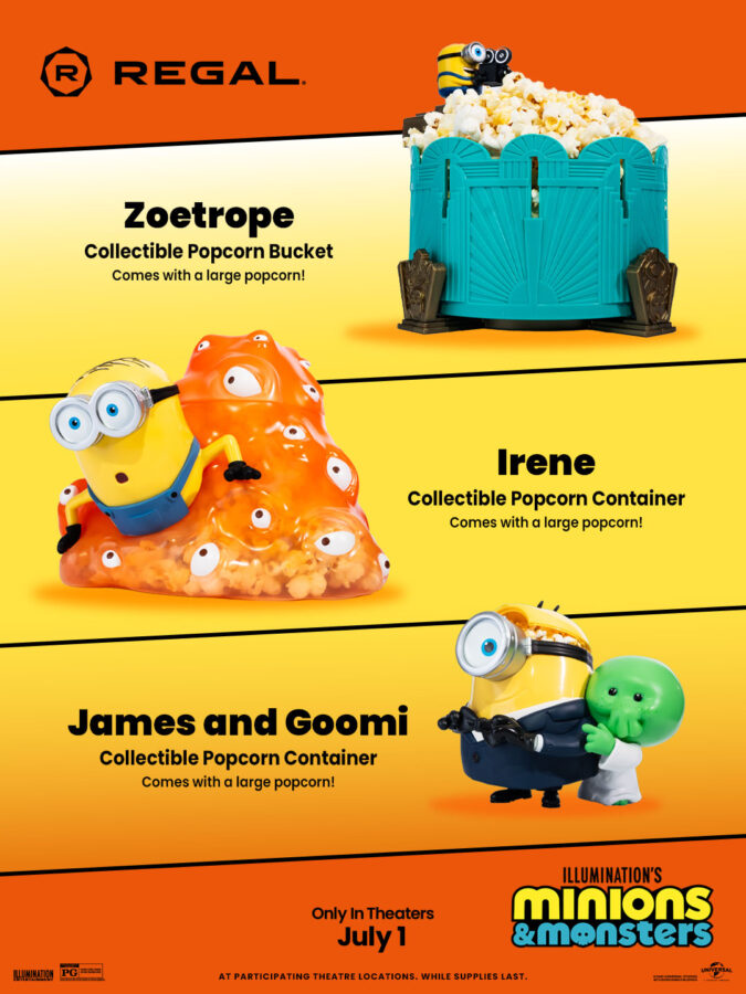 three Minions & Mosnters popcorn containers from regal cinemas